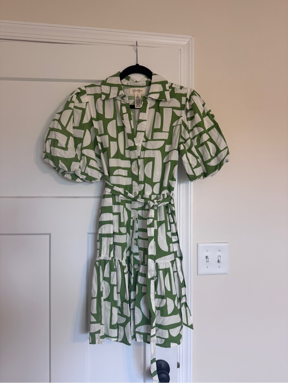 Jessica Simpson Green and White Geometric Puff-Sleeve Shirt Button Up Dress